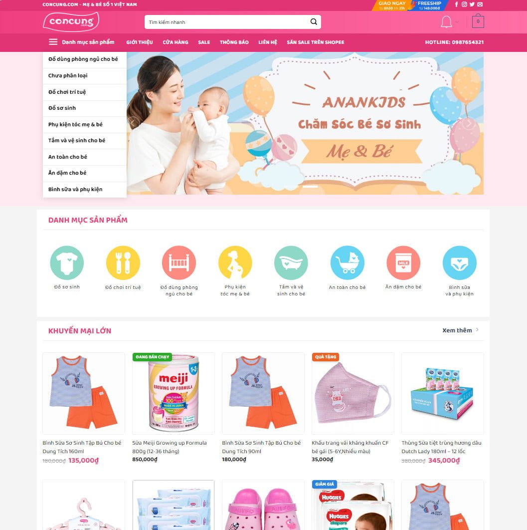 Theme wordpress bách hóa 04 - đồ trẻ em, mẹ và bé giống con cưng