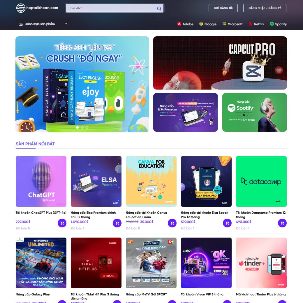 Theme wordpress bán tài khoản, phần mềm, key bản quyền 01